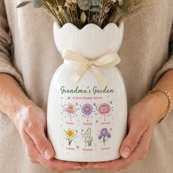 Personalized Scalloped Rim Ceramic Vase, Grandma's Garden Birth Flower Doodles, Unique Gift for Grandma - Image 5
