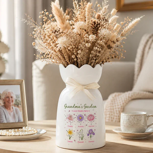 Personalized Scalloped Rim Ceramic Vase, Grandma's Garden Birth Flower Doodles, Unique Gift for Grandma - Image 6