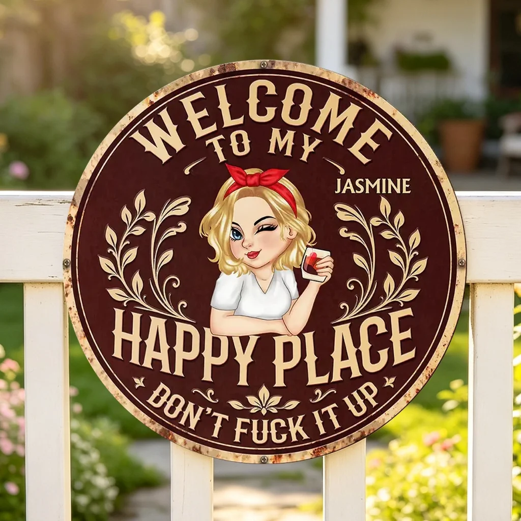 Personalized Shaped Metal Sign, Welcome to My Happy Place, Vintage Garden Decor, Unique Gift for Her