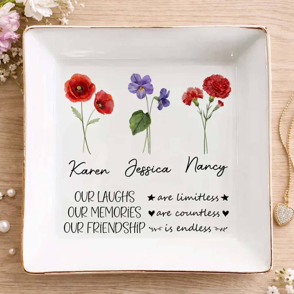 Personalized Floral Jewelry Dish, Unique Gift for Friend, Friendship Quote Vanity Decor