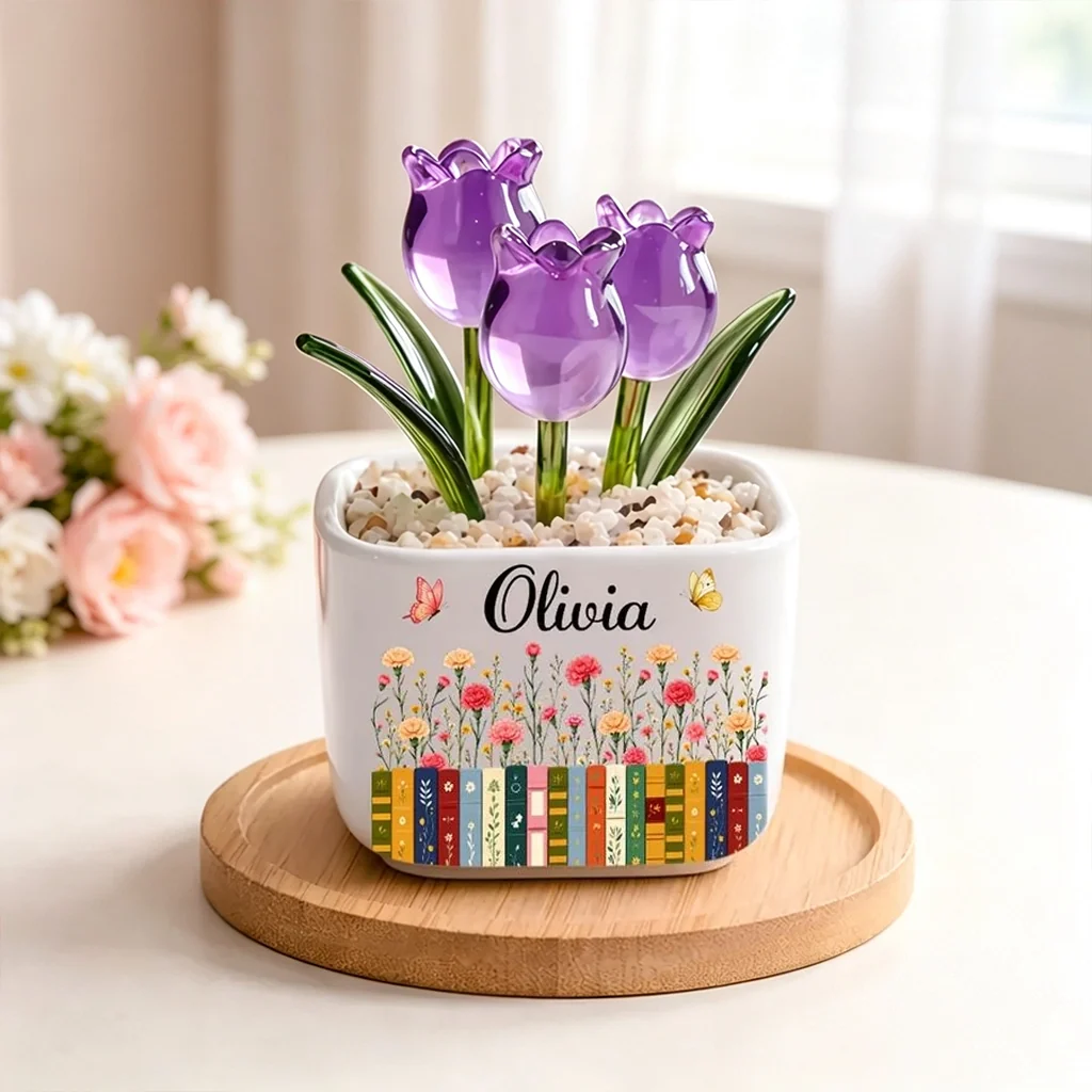 Personalized Square Glass Planter with Purple Tulips & Book Garden, Unique Creative Gift for Book Lover