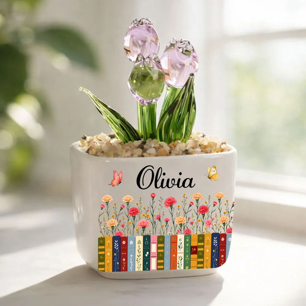 Personalized Square Glass Planter with Purple Tulips & Book Garden, Unique Creative Gift for Book Lover - Image 2