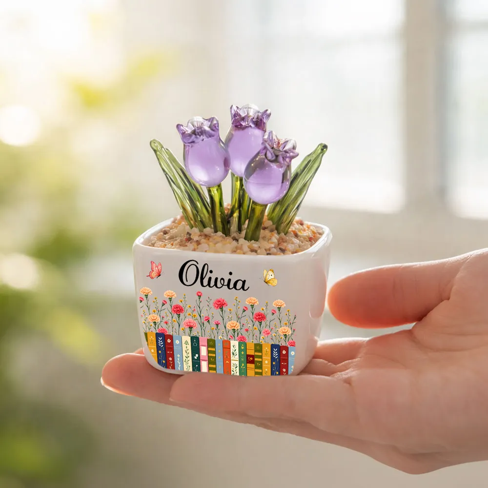Personalized Square Glass Planter with Purple Tulips & Book Garden, Unique Creative Gift for Book Lover - Image 3