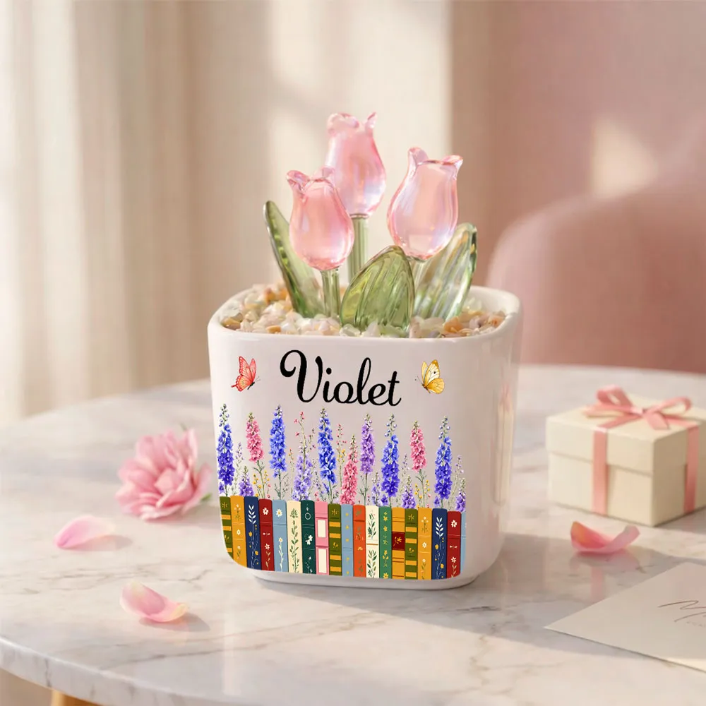 Personalized Square Glass Planter with Purple Tulips & Book Garden, Unique Creative Gift for Book Lover - Image 5