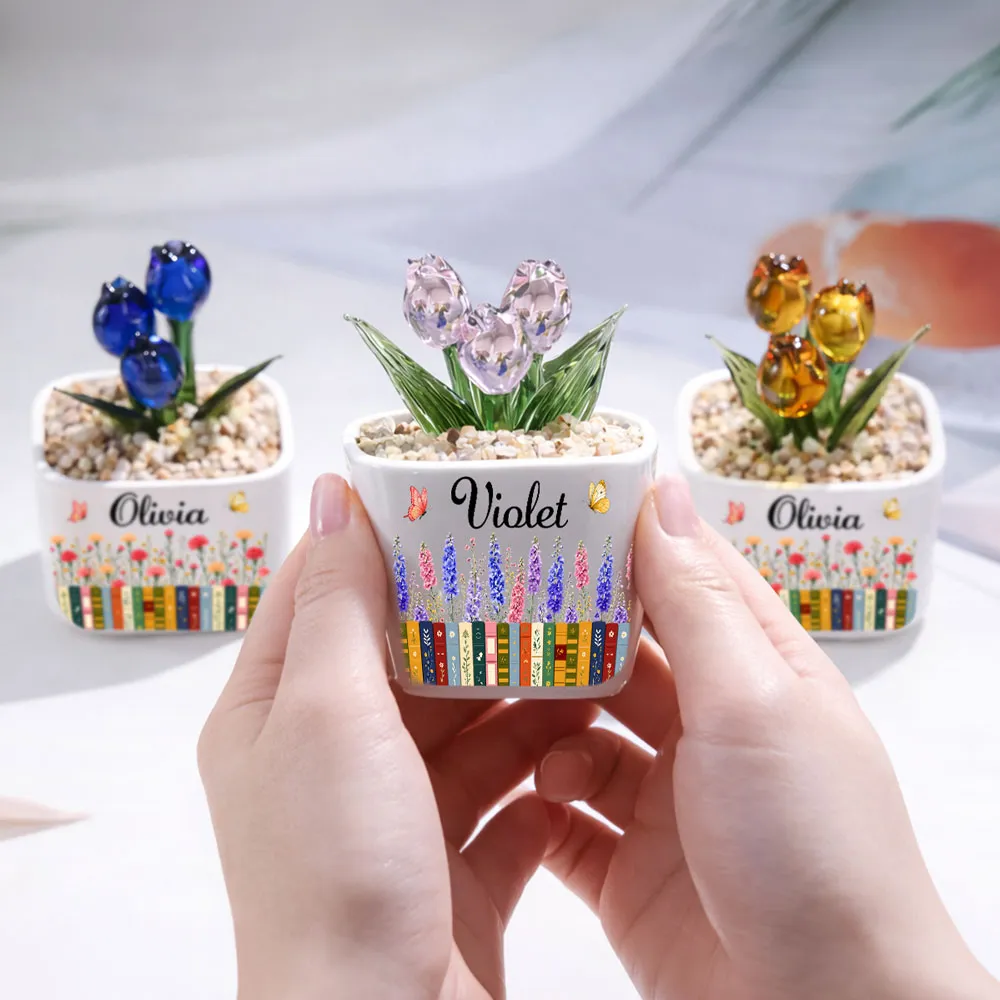 Personalized Square Glass Planter with Purple Tulips & Book Garden, Unique Creative Gift for Book Lover - Image 6
