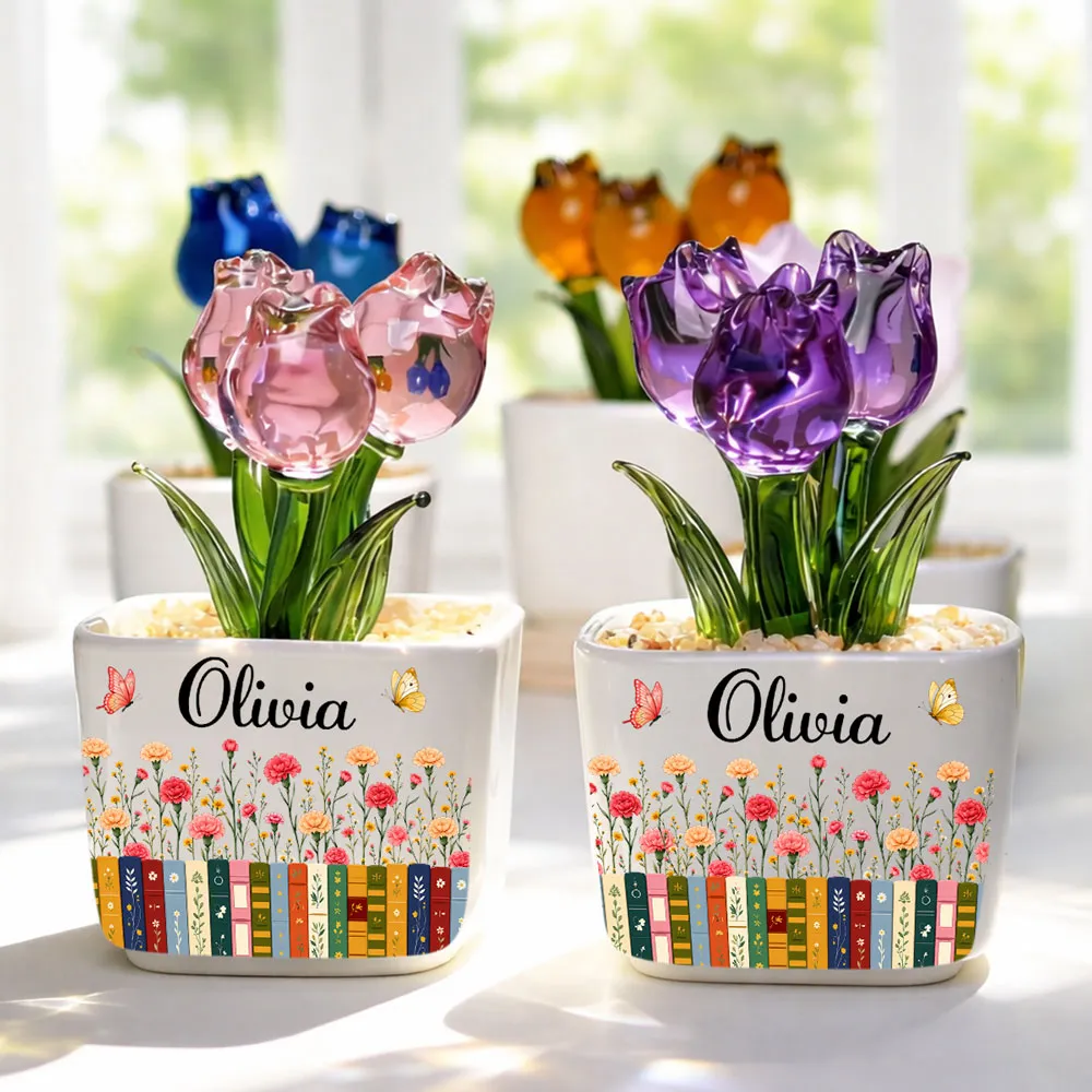 Personalized Square Glass Planter with Purple Tulips & Book Garden, Unique Creative Gift for Book Lover - Image 7