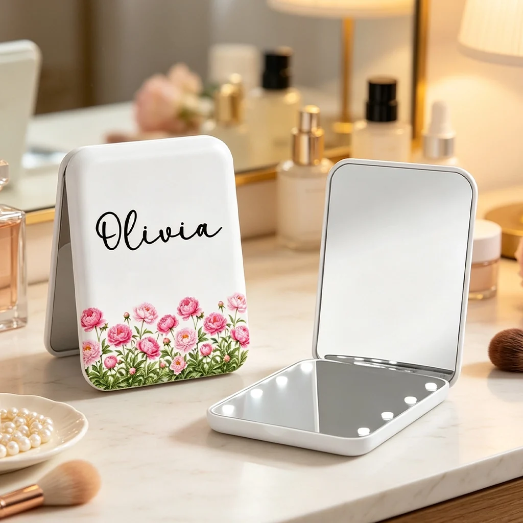 LED Pocket Mirror with Custom Flower Power Art, Creative Gift for Her & Friends