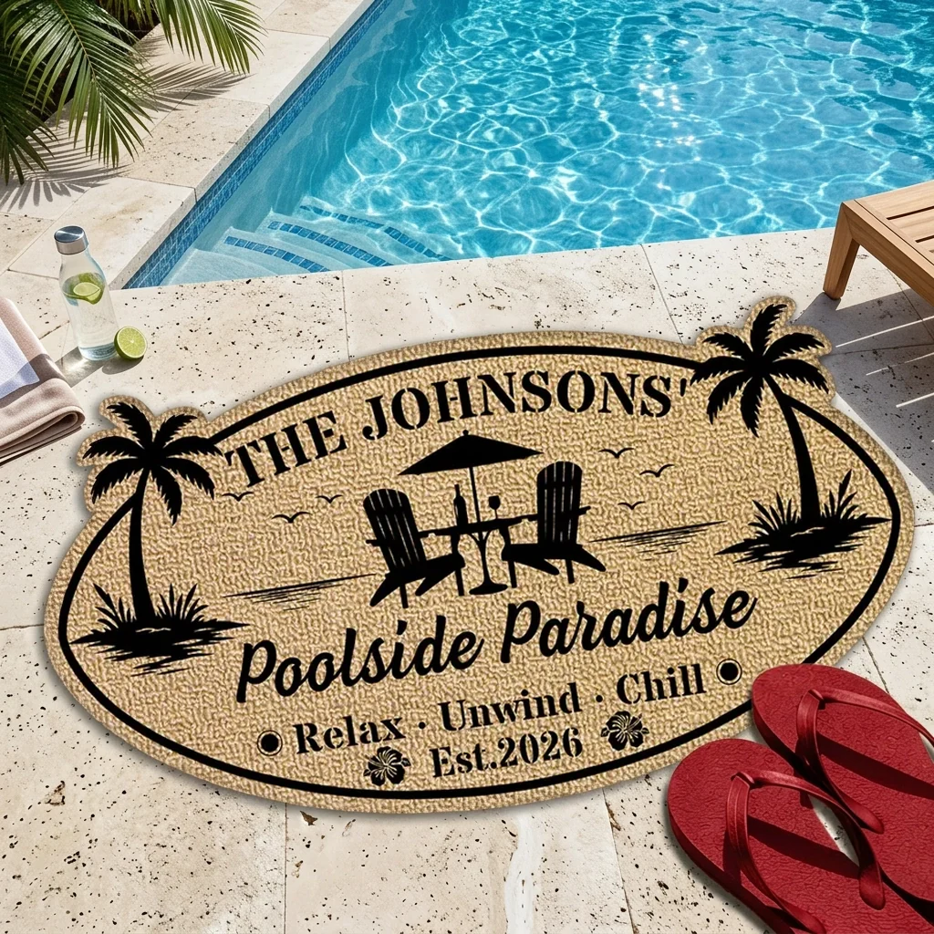 Tropical Personalized Shaped Doormat with Poolside Chairs, Unique Family Gift for Backyard Entry