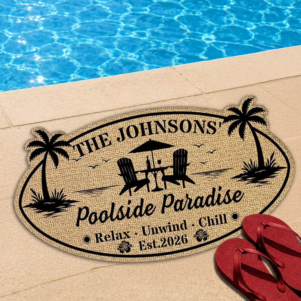 Tropical Personalized Shaped Doormat with Poolside Chairs, Unique Family Gift for Backyard Entry - Image 2