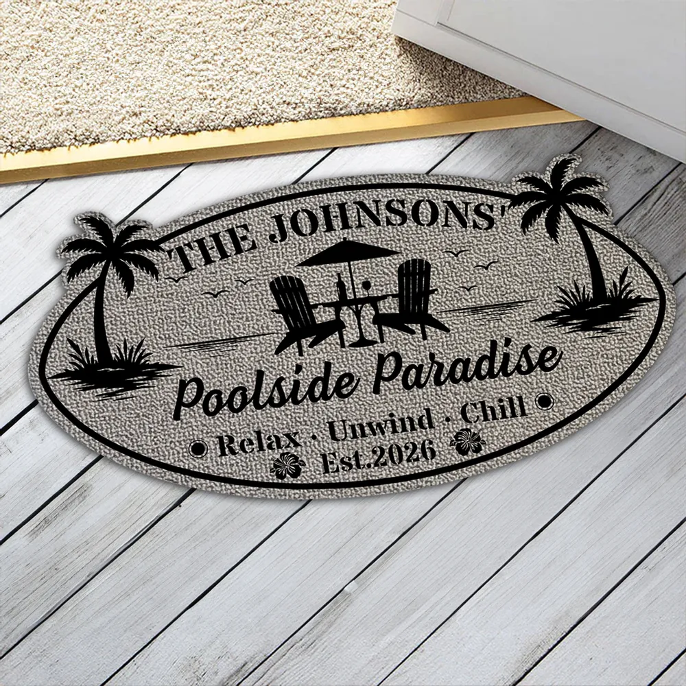 Tropical Personalized Shaped Doormat with Poolside Chairs, Unique Family Gift for Backyard Entry - Image 5