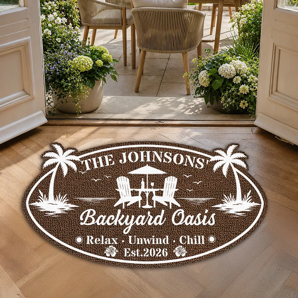 Tropical Personalized Shaped Doormat with Poolside Chairs, Unique Family Gift for Backyard Entry - Image 6
