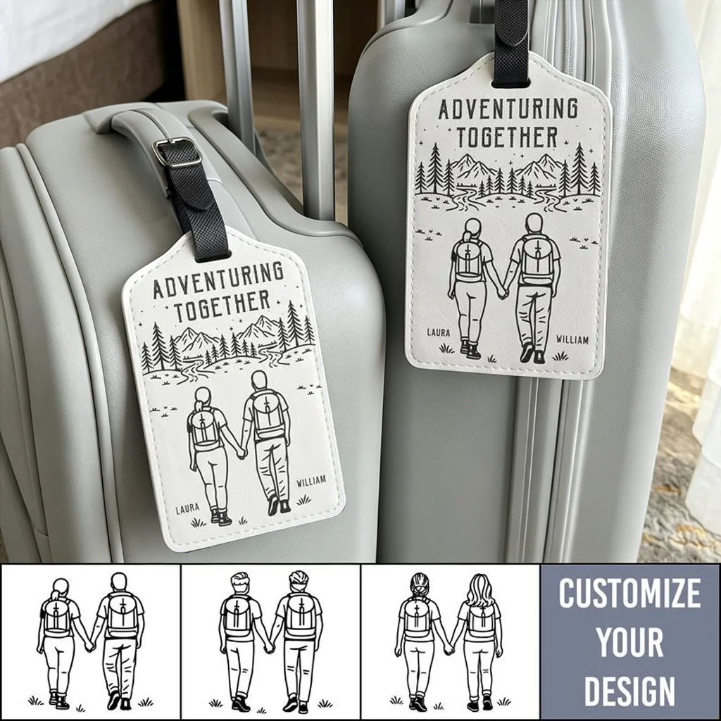 Personalized Leather Luggage Tag, Adventuring Together Couple Travel, Unique Creative Gift