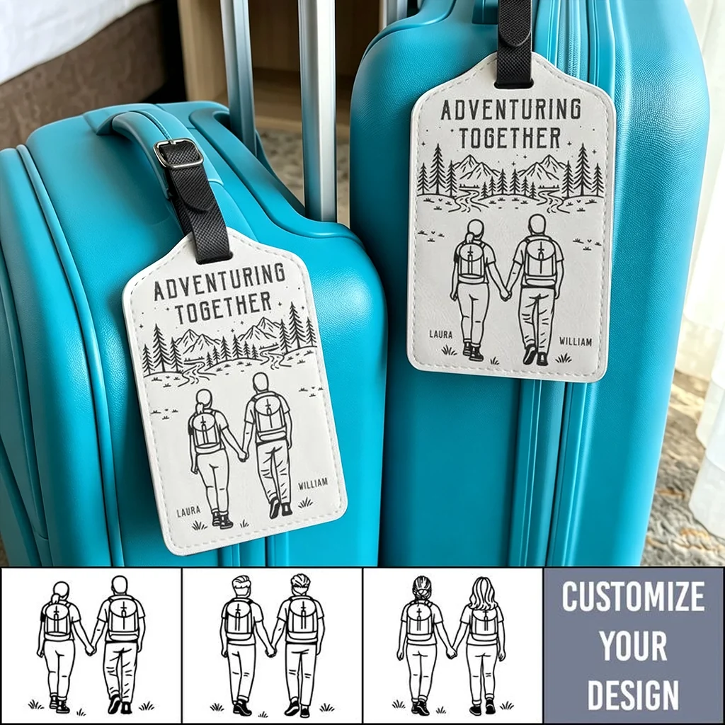 Personalized Leather Luggage Tag, Adventuring Together Couple Travel, Unique Creative Gift - Image 2