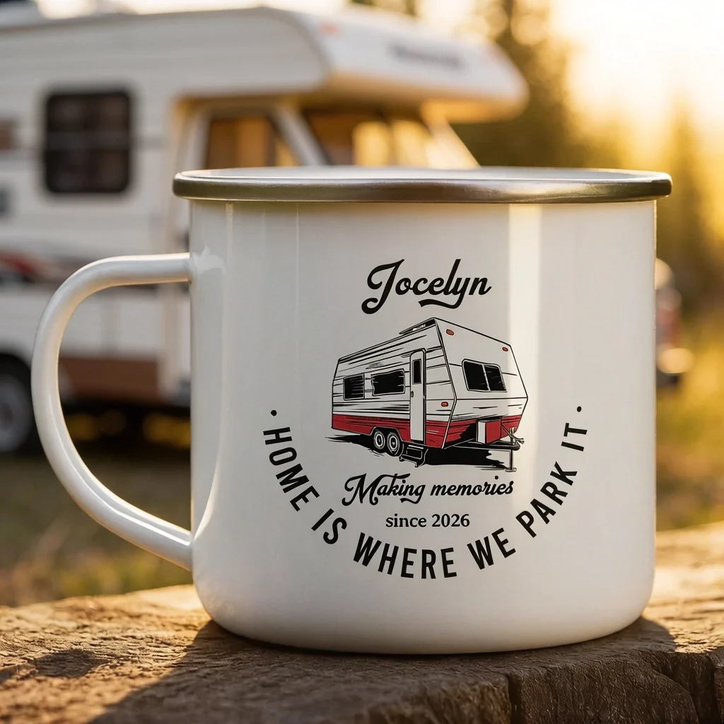 Home Is Where We Park It Enamel Mug, Personalized Creative Gift for Campers & Road Trip Memories