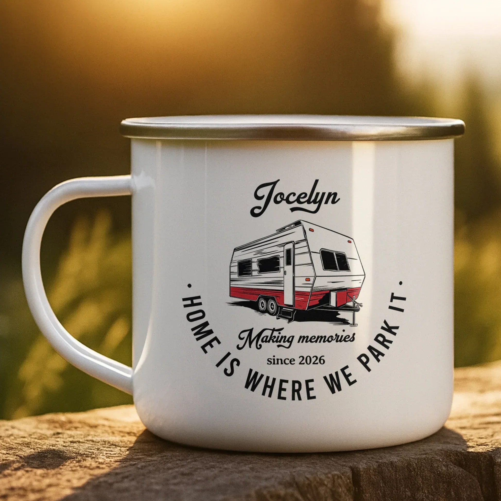 Home Is Where We Park It Enamel Mug, Personalized Creative Gift for Campers & Road Trip Memories - Image 2
