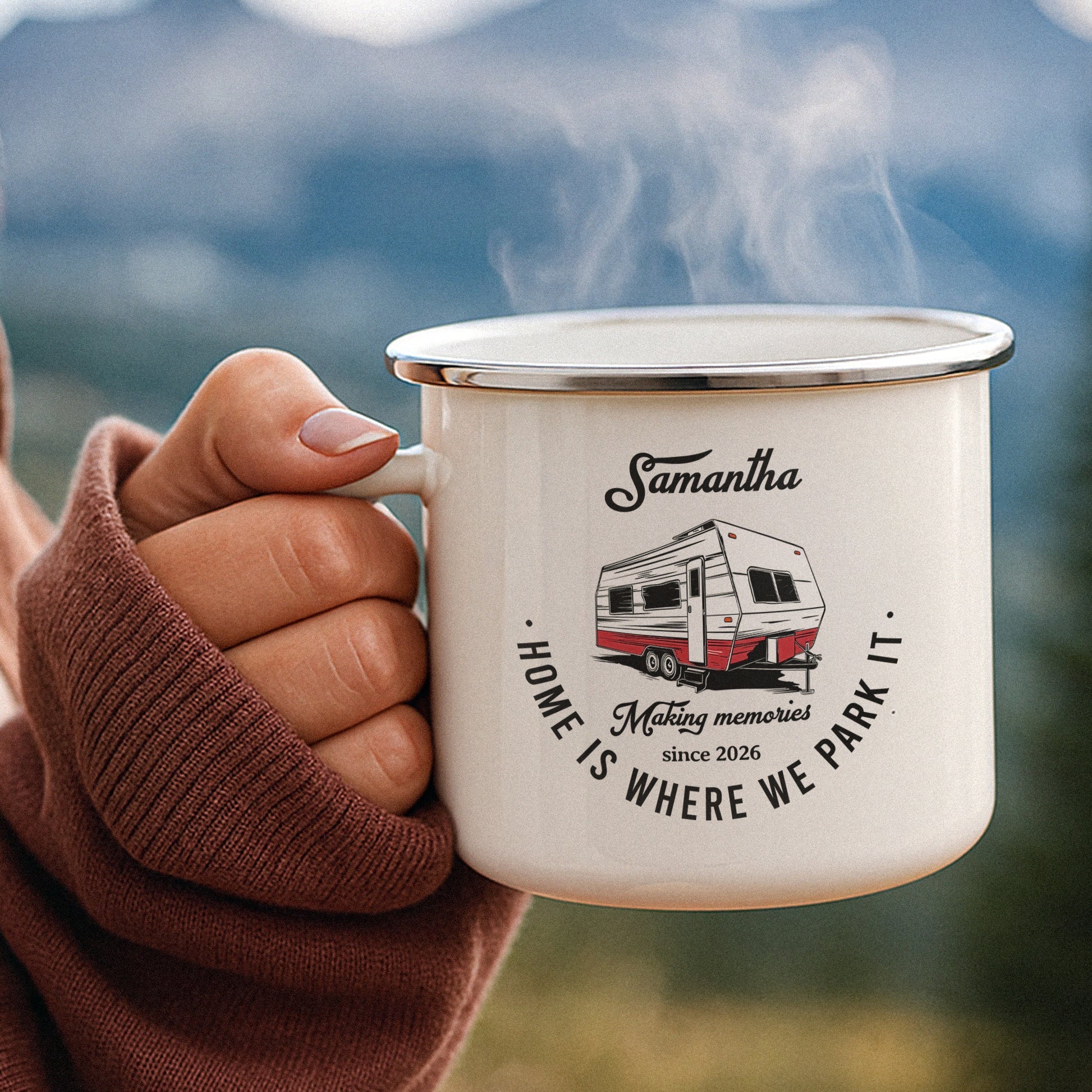Home Is Where We Park It Enamel Mug, Personalized Creative Gift for Campers & Road Trip Memories - Image 4