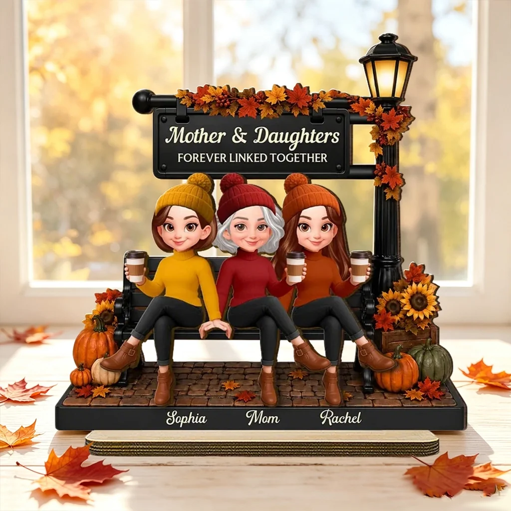 Personalized 2-Layer Wooden Plaque, Mom & Daughters Sitting by Fall Lamp Post, Unique Creative Gift