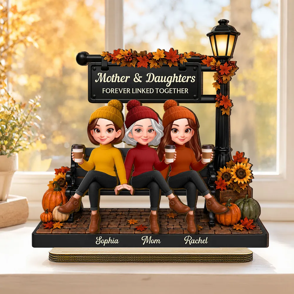 Personalized 2-Layer Wooden Plaque, Mom & Daughters Sitting by Fall Lamp Post, Unique Creative Gift - Image 2