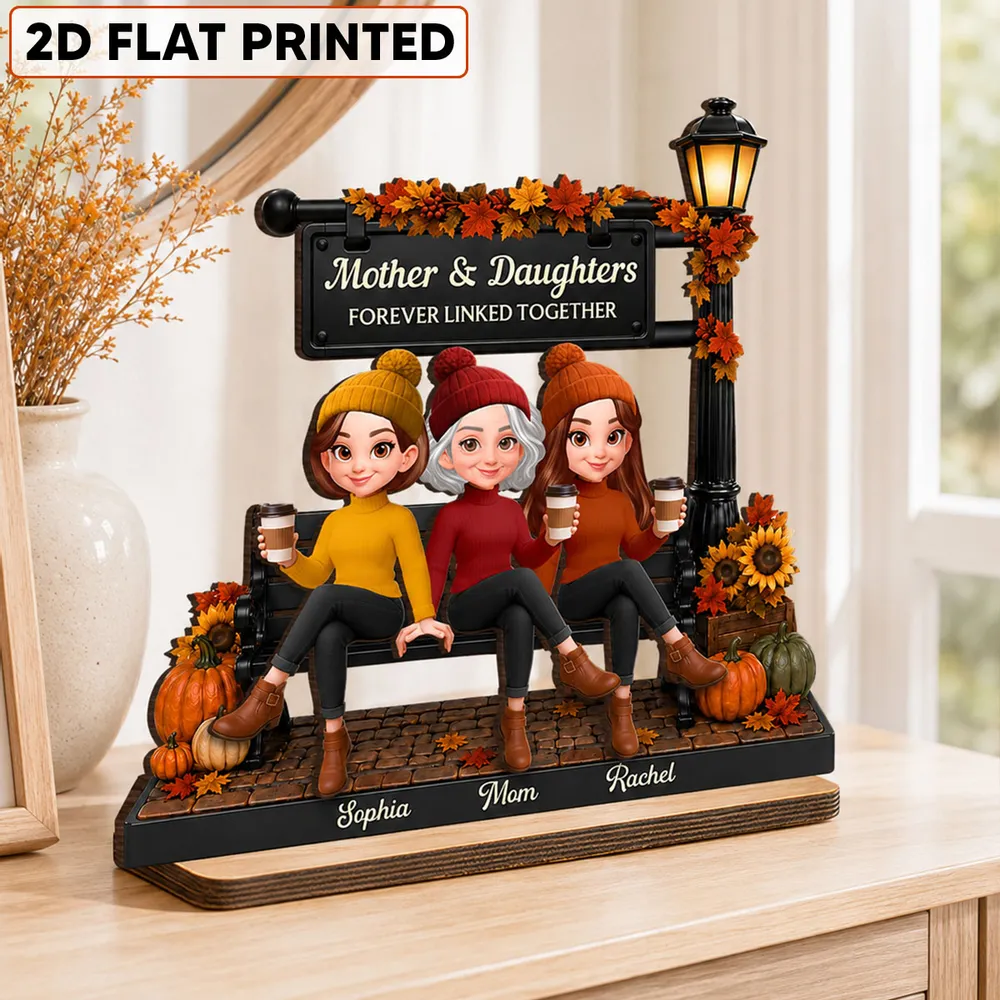 Personalized 2-Layer Wooden Plaque, Mom & Daughters Sitting by Fall Lamp Post, Unique Creative Gift - Image 3
