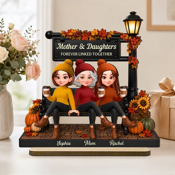 Personalized 2-Layer Wooden Plaque, Mom & Daughters Sitting by Fall Lamp Post, Unique Creative Gift - Image 5