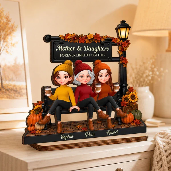 Personalized 2-Layer Wooden Plaque, Mom & Daughters Sitting by Fall Lamp Post, Unique Creative Gift - Image 6