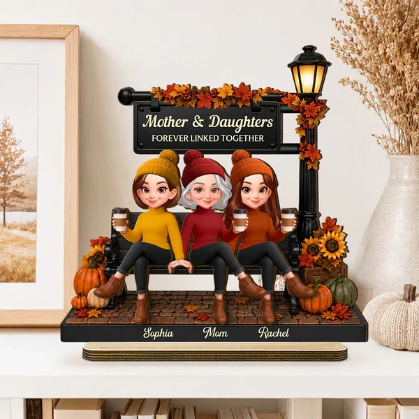 Personalized 2-Layer Wooden Plaque, Mom & Daughters Sitting by Fall Lamp Post, Unique Creative Gift - Image 7