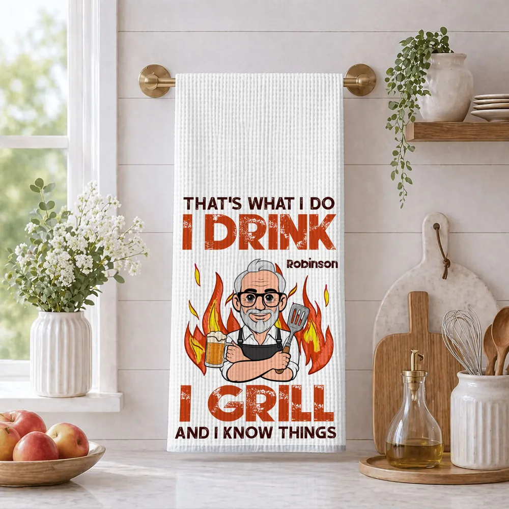 Personalized Kitchen Towel, Funny I Drink I Grill Quote, Cartoon Griller, Unique Creative Gift for Dad - Image 3