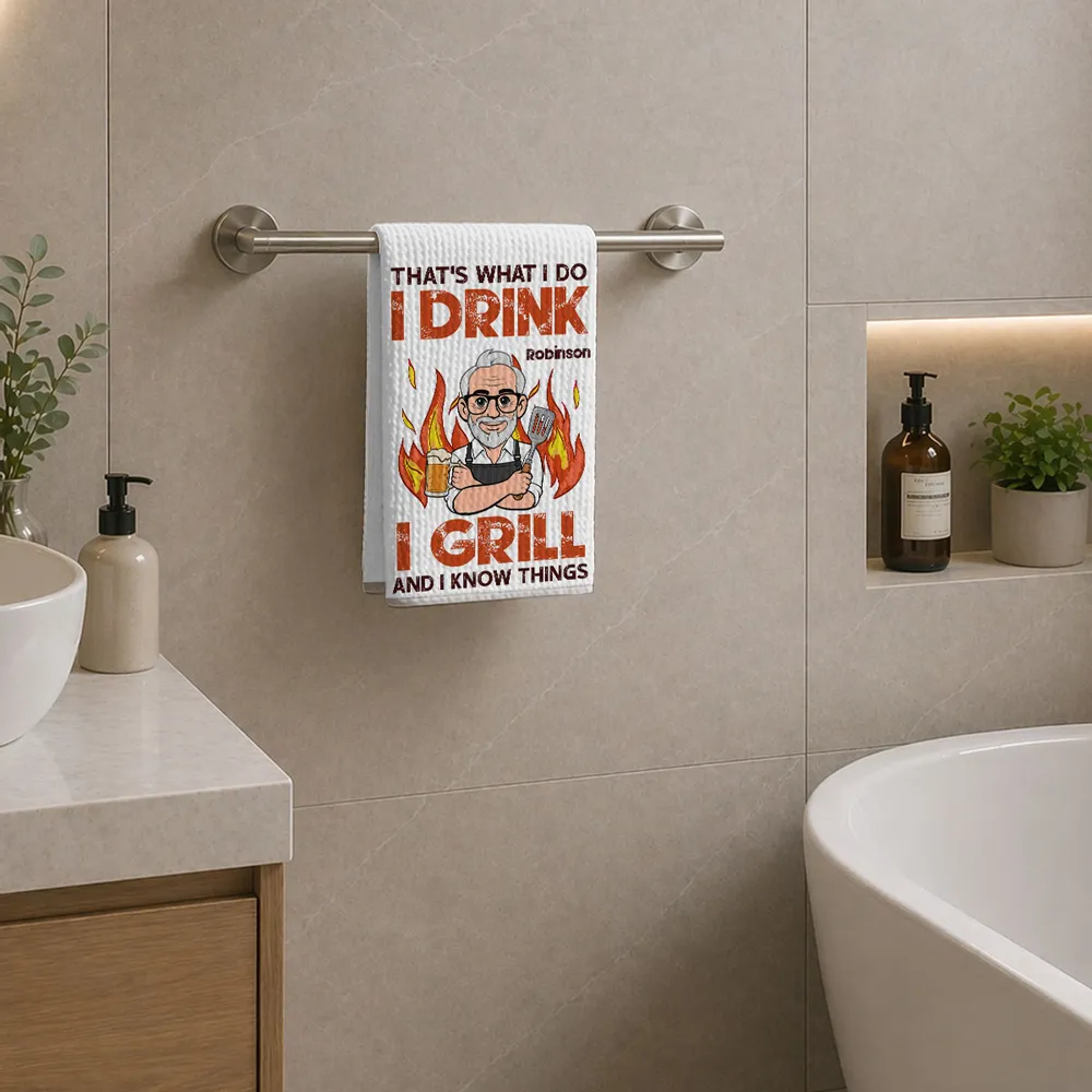 Personalized Kitchen Towel, Funny I Drink I Grill Quote, Cartoon Griller, Unique Creative Gift for Dad - Image 7