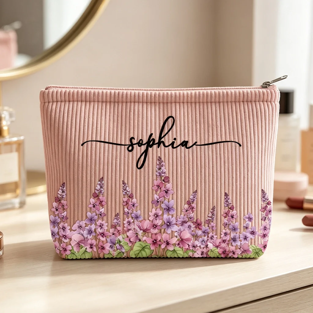 Personalized Corduroy Makeup Bag with Floral Artwork, Unique Gift for Her, Friend, Coworker or Daughter