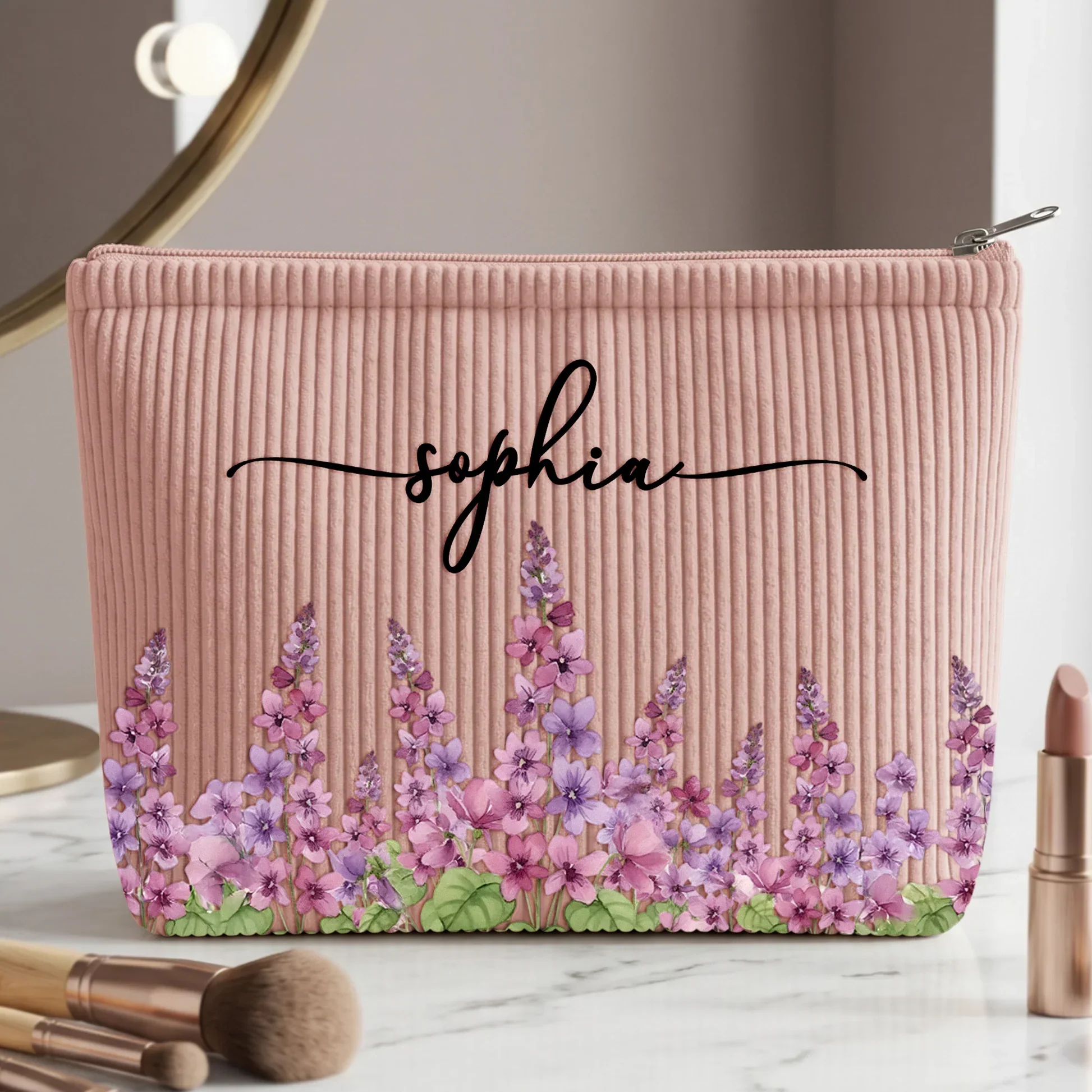 Personalized Corduroy Makeup Bag with Floral Artwork, Unique Gift for Her, Friend, Coworker or Daughter - Image 2