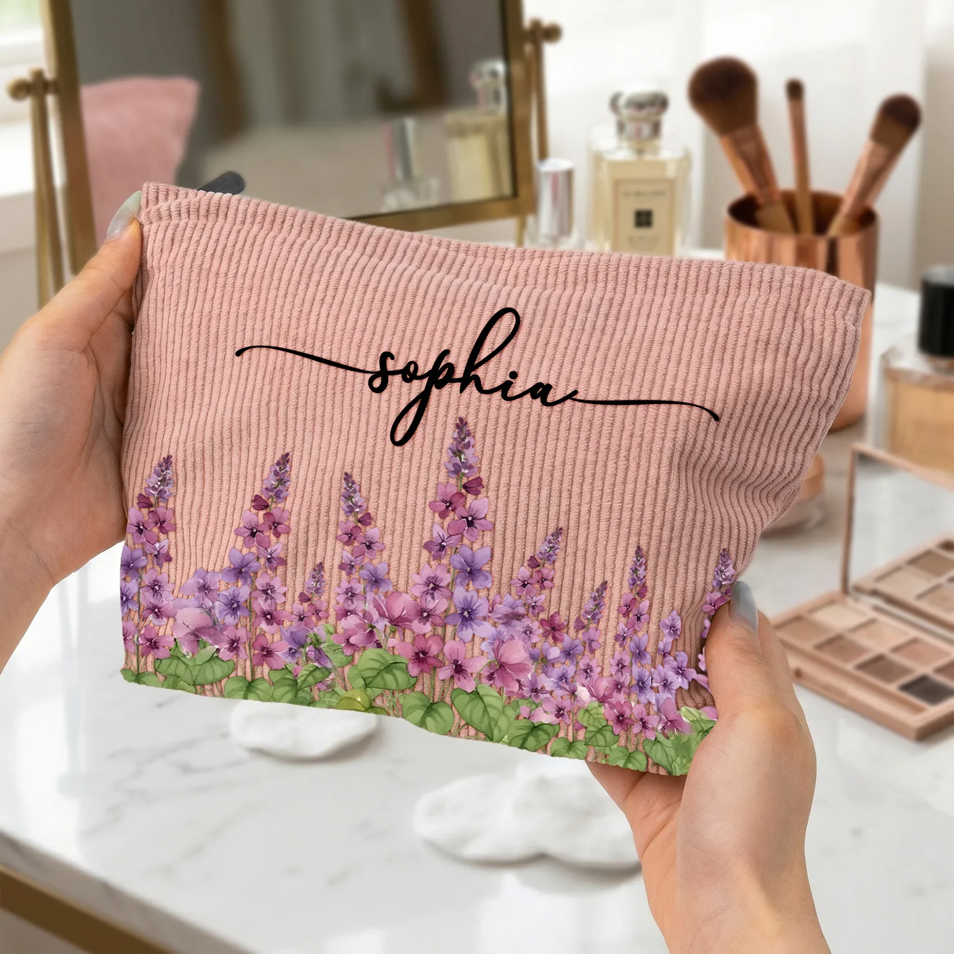 Personalized Corduroy Makeup Bag with Floral Artwork, Unique Gift for Her, Friend, Coworker or Daughter - Image 3