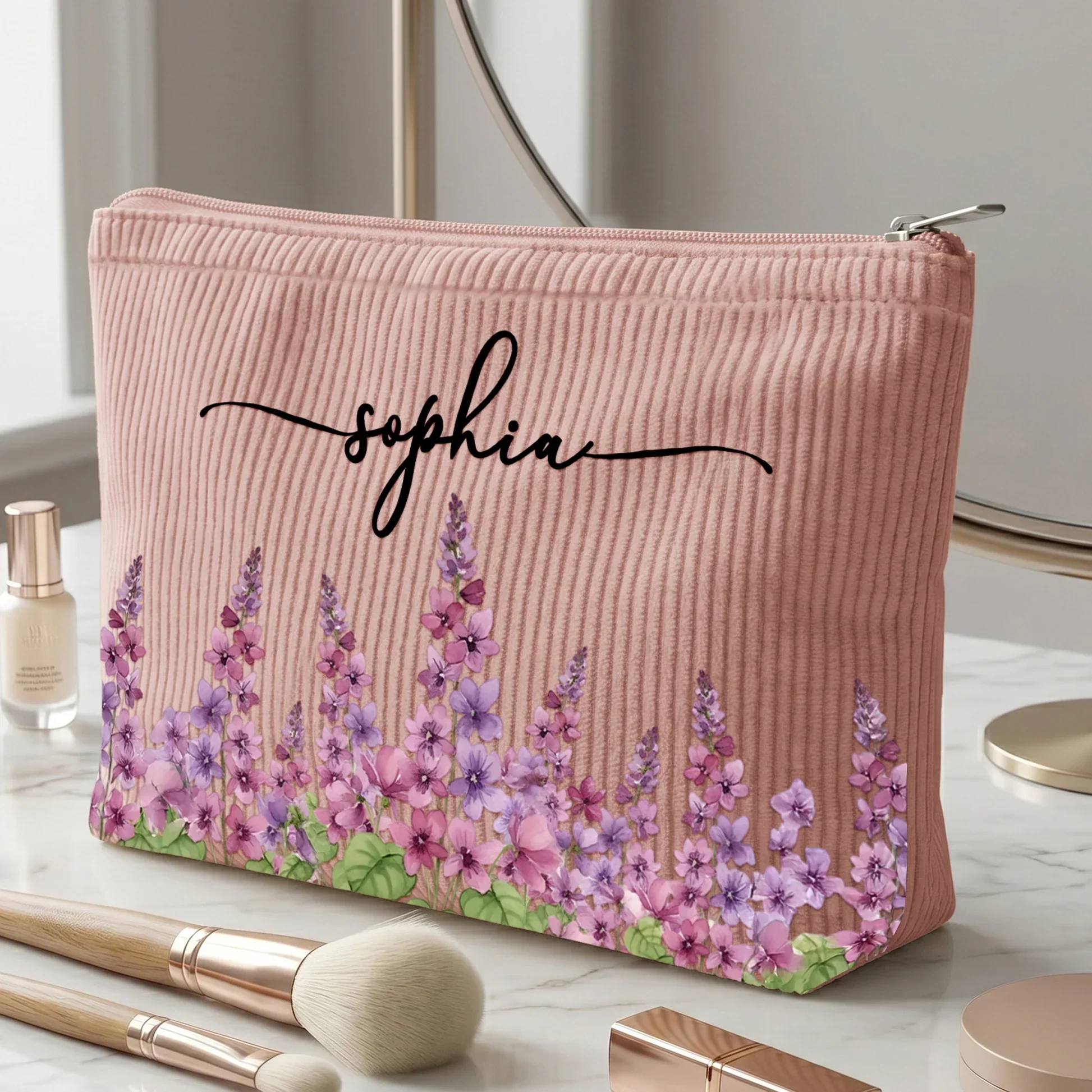 Personalized Corduroy Makeup Bag with Floral Artwork, Unique Gift for Her, Friend, Coworker or Daughter - Image 7