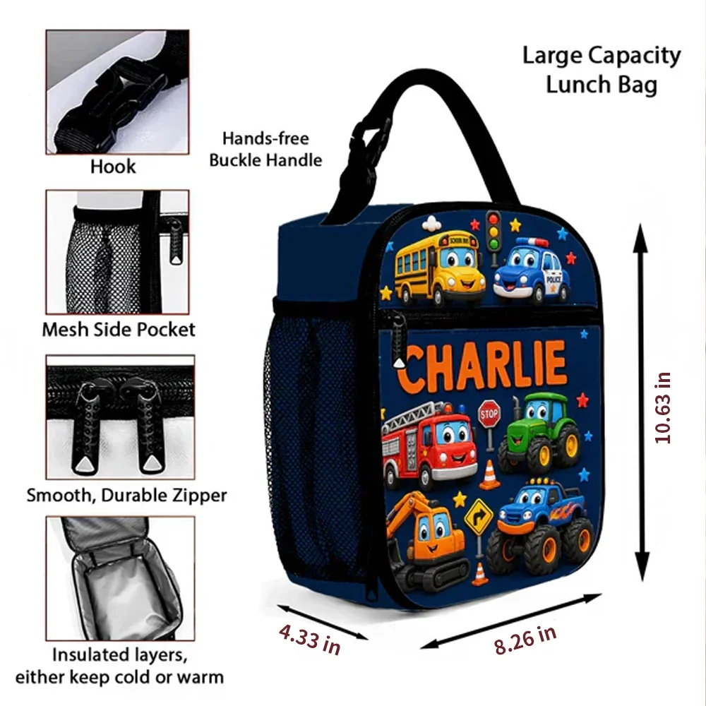 Personalized Kids Lunch Bag With Cute Unicorn & Vehicle Art, Unique Colorful School Gift for Kids - Image 4