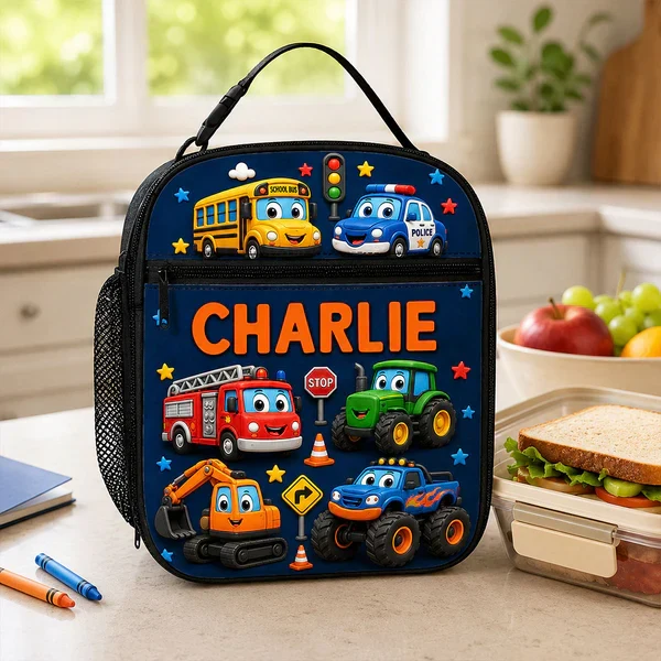 Personalized Kids Lunch Bag With Cute Unicorn & Vehicle Art, Unique Colorful School Gift for Kids - Image 7