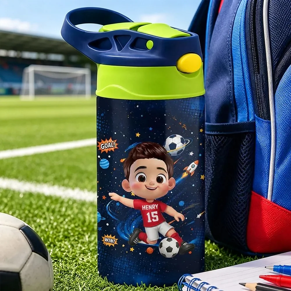 Personalized Kids Water Bottle, Cartoon Boy Playing Soccer on Field, Unique Creative Gift for Kids