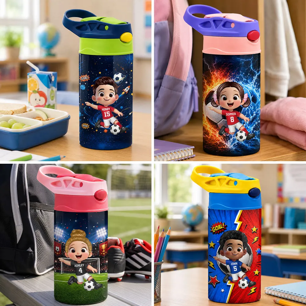 Personalized Kids Water Bottle, Cartoon Boy Playing Soccer on Field, Unique Creative Gift for Kids - Image 2
