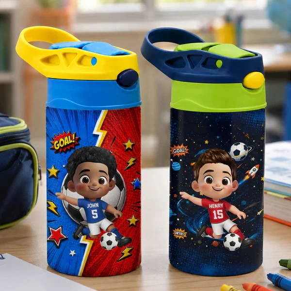 Personalized Kids Water Bottle, Cartoon Boy Playing Soccer on Field, Unique Creative Gift for Kids - Image 3