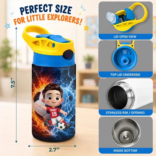 Personalized Kids Water Bottle, Cartoon Boy Playing Soccer on Field, Unique Creative Gift for Kids - Image 4