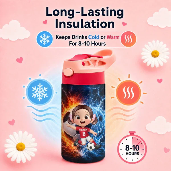 Personalized Kids Water Bottle, Cartoon Boy Playing Soccer on Field, Unique Creative Gift for Kids - Image 6