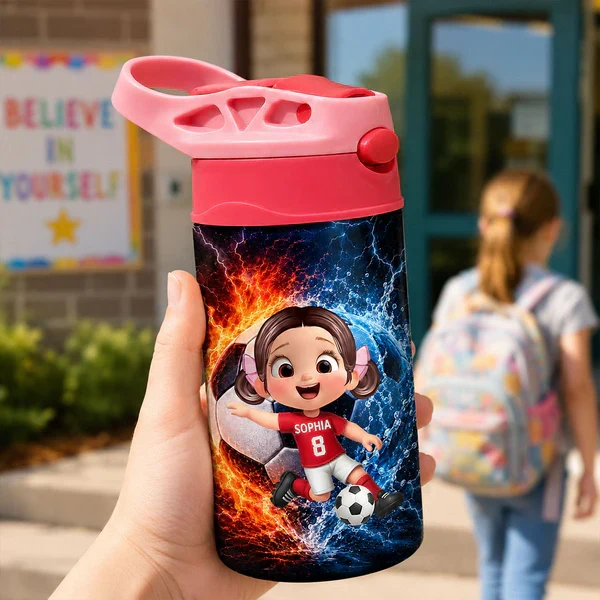 Personalized Kids Water Bottle, Cartoon Boy Playing Soccer on Field, Unique Creative Gift for Kids - Image 7