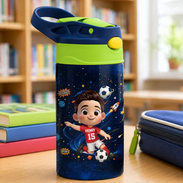 Personalized Kids Water Bottle, Cartoon Boy Playing Soccer on Field, Unique Creative Gift for Kids - Image 8