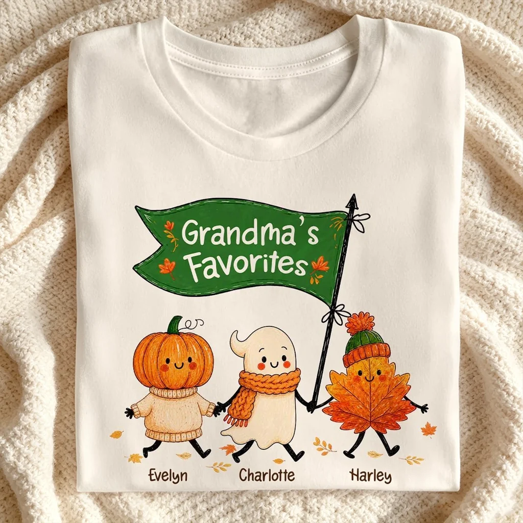 Classic Tee with Cute Pumpkin, Ghost & Leaf Holding Hands, Personalized Creative Gift for Grandma