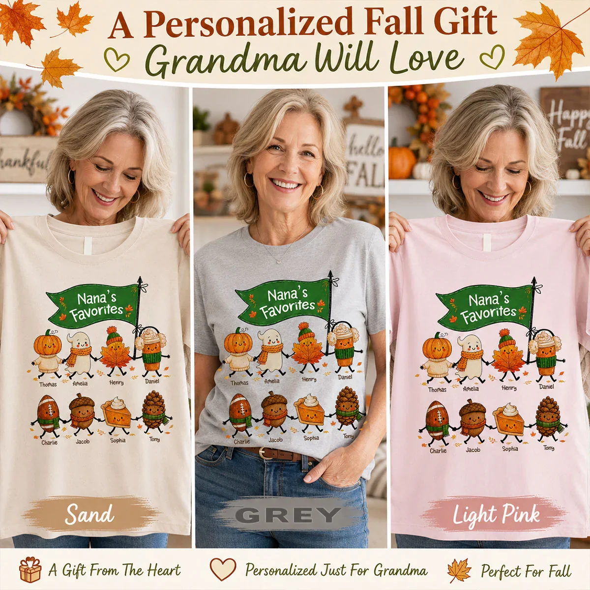 Classic Tee with Cute Pumpkin, Ghost & Leaf Holding Hands, Personalized Creative Gift for Grandma - Image 2
