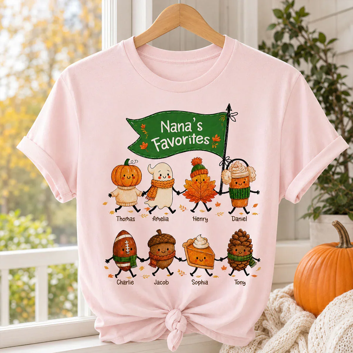 Classic Tee with Cute Pumpkin, Ghost & Leaf Holding Hands, Personalized Creative Gift for Grandma - Image 4