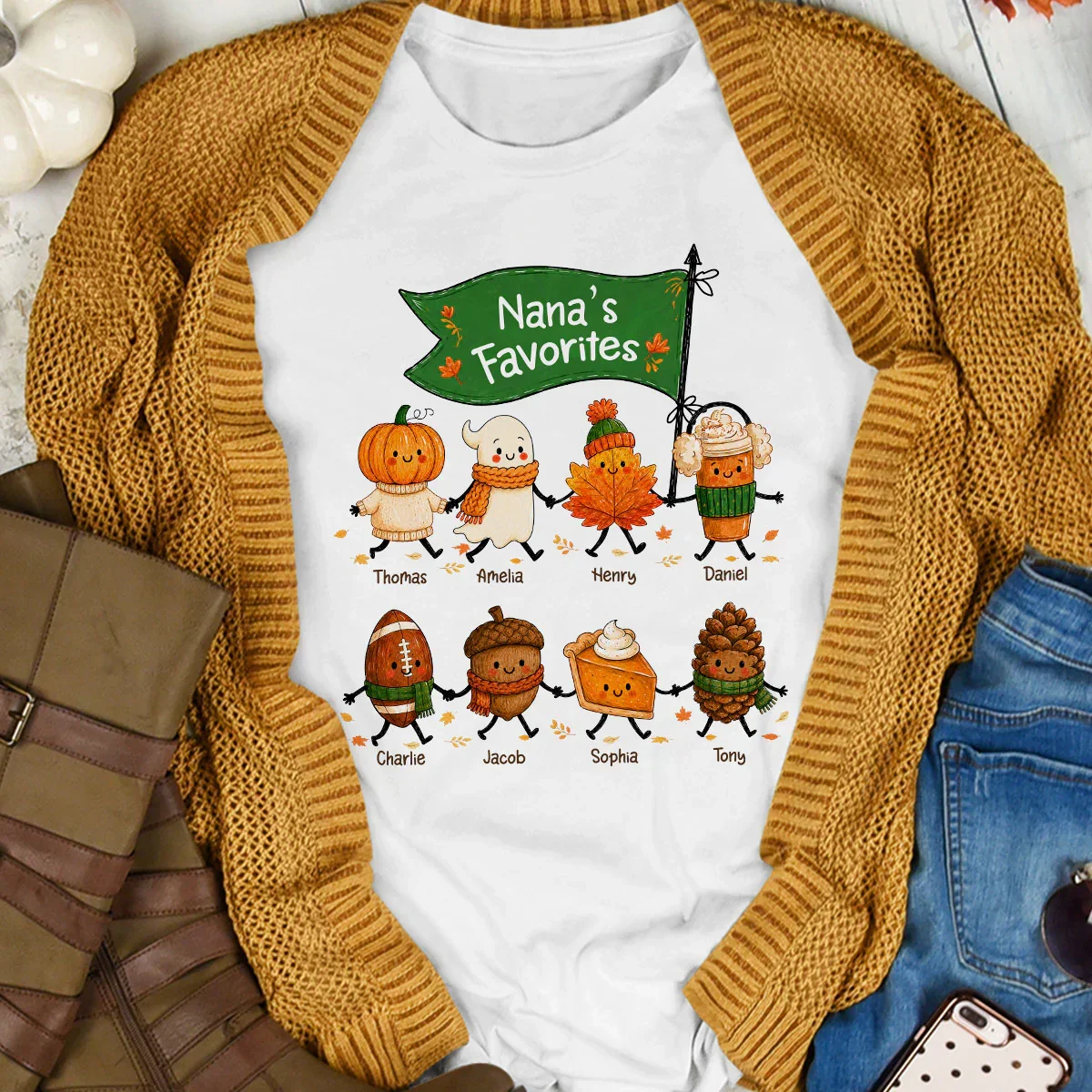 Classic Tee with Cute Pumpkin, Ghost & Leaf Holding Hands, Personalized Creative Gift for Grandma - Image 6