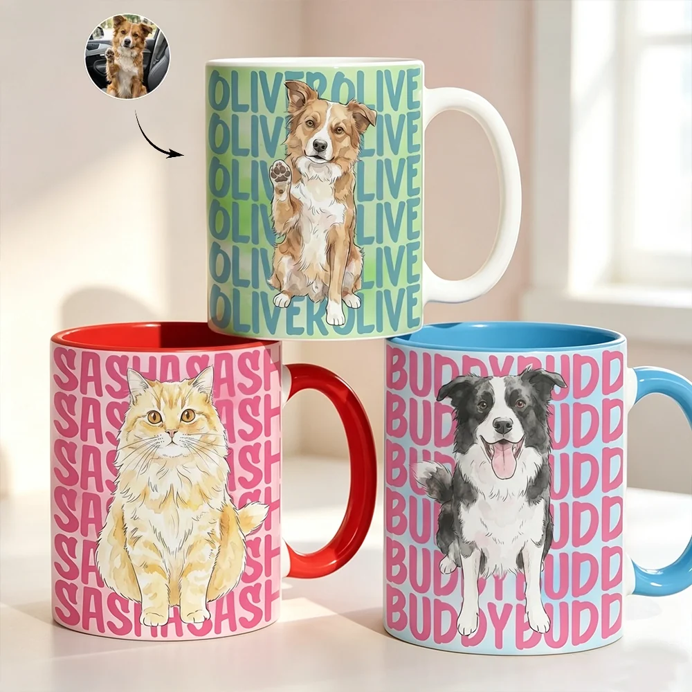 Custom Pet Portrait Ceramic Mug, Playful Pastel Pet Art for Morning Coffee, Creative Gift for Dog & Cat Lovers