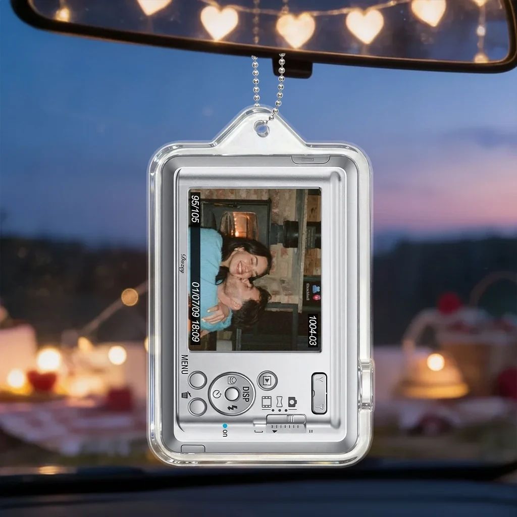 Personalized Retro Camera Car Hanger with Custom Photo, Acrylic Rearview Mirror Ornament, Unique Gift for Photo Lovers