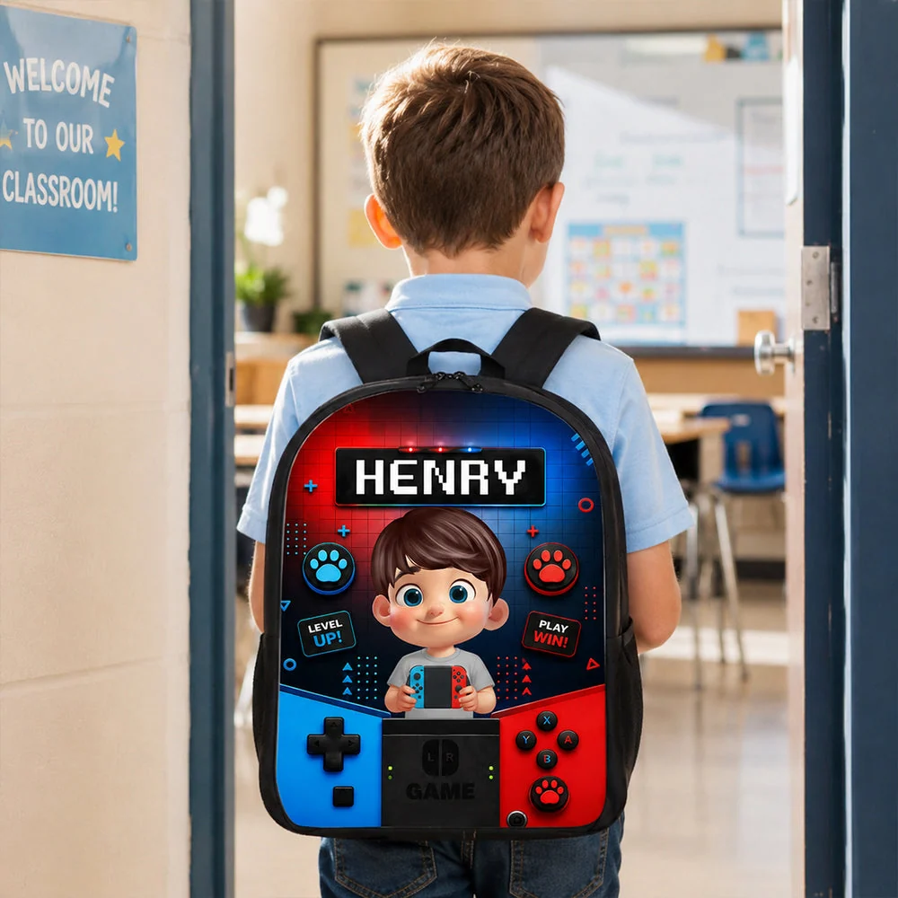 Personalized Kids School Backpack, Cartoon Gamer Boy Holding Controller, Unique Gift for Kids - Image 2