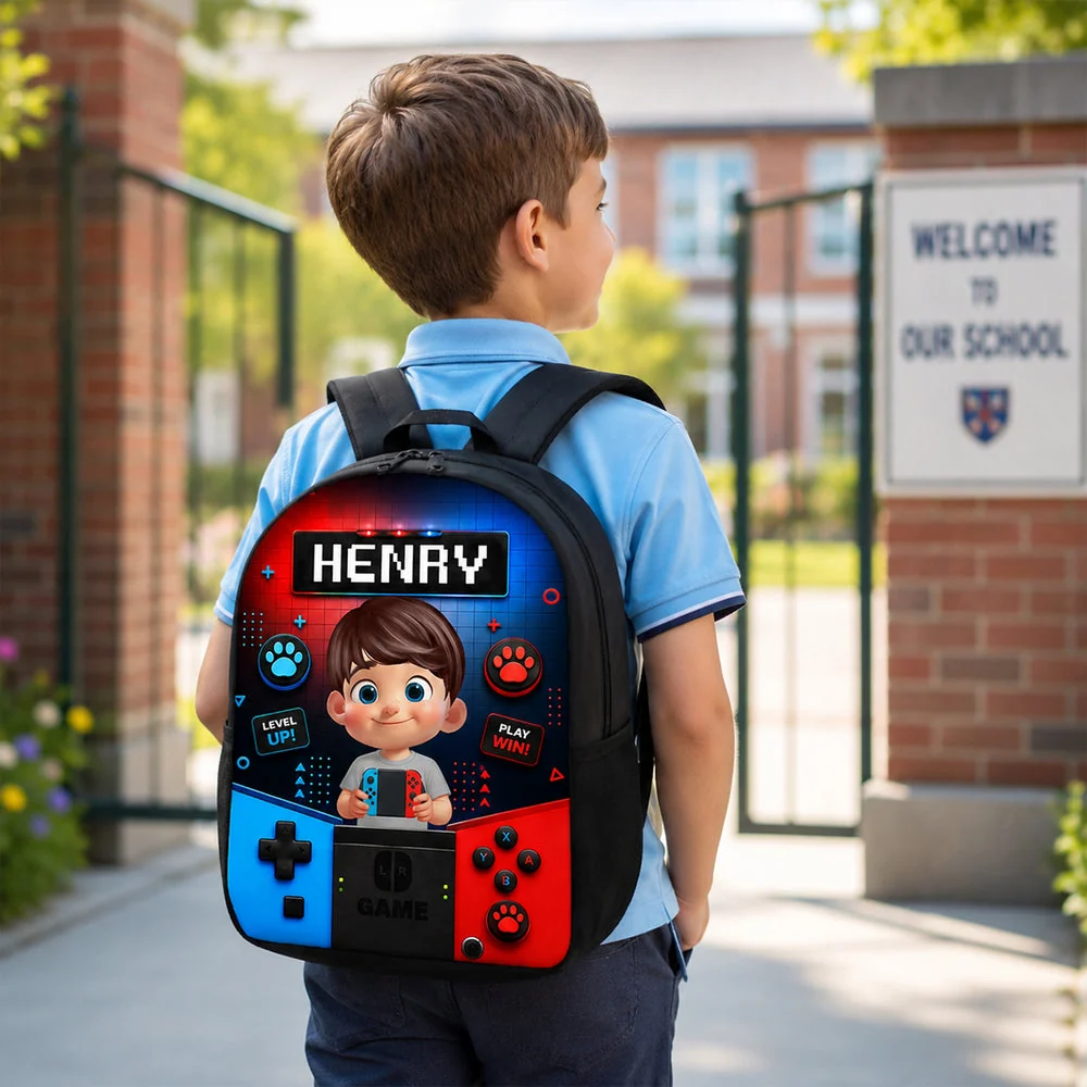 Personalized Kids School Backpack, Cartoon Gamer Boy Holding Controller, Unique Gift for Kids - Image 3