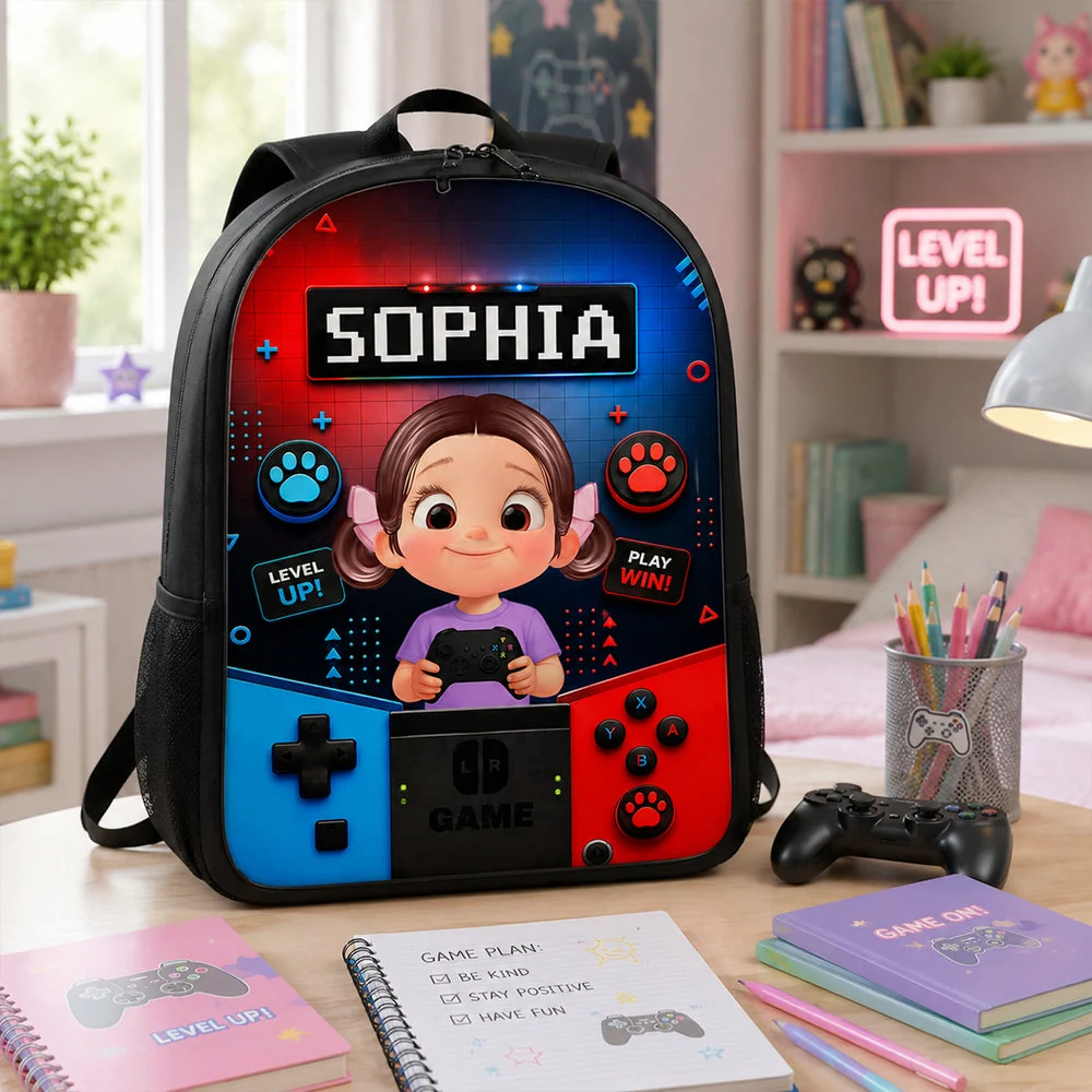 Personalized Kids School Backpack, Cartoon Gamer Boy Holding Controller, Unique Gift for Kids - Image 5